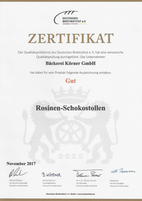 2017 Zertifikat Rosinen-Schokostollen