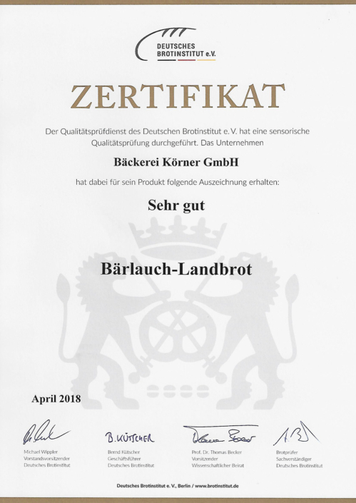 2018 Zertifikat Bärlauch-Landbrot