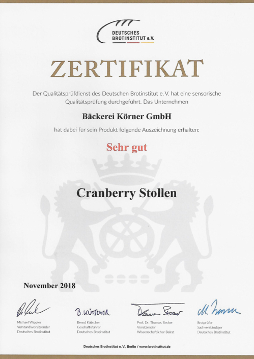 2018 Zertifikat Cranberrystollen