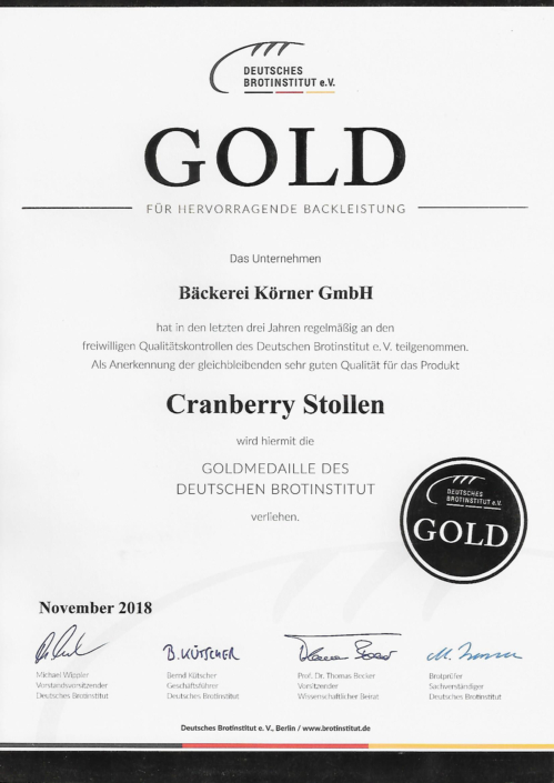 2018 Zertifikat Cranberrystollen