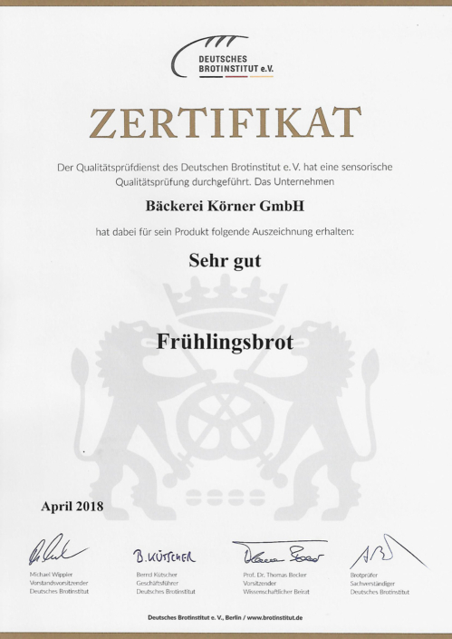 2018 Zertifikat Frühlingsbrot