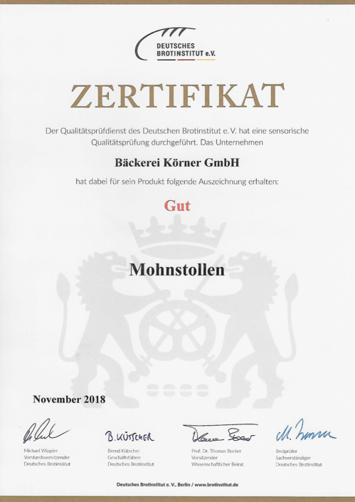 2018 Zertifikat Mohnstollen