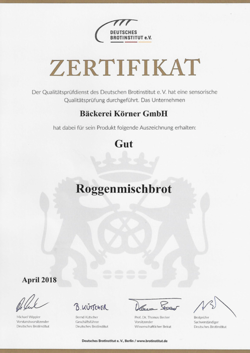 2018 Zertifikat Roggenmischbrot