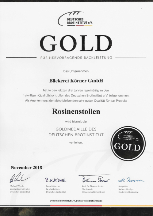 2018 Zertifikat Rosinenstollen